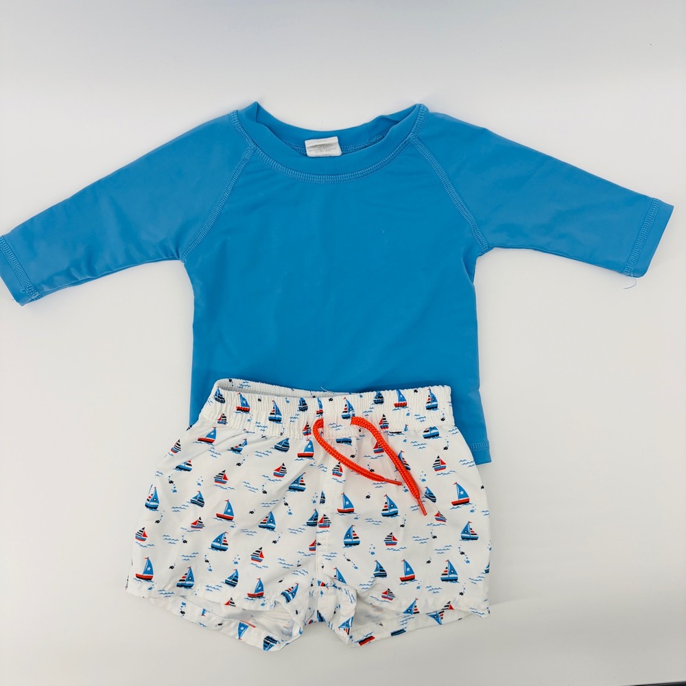 Starting Out Swim Set 3/6M Baby Boy Sailboat Rash Guard Trunks Shorts Swimsuit